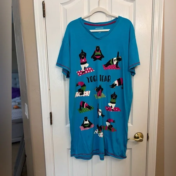Yoga Bear Bright Blue Pajama Shirt 100% Cotton Bears Yoga Fun Cute - Picture 3 of 7